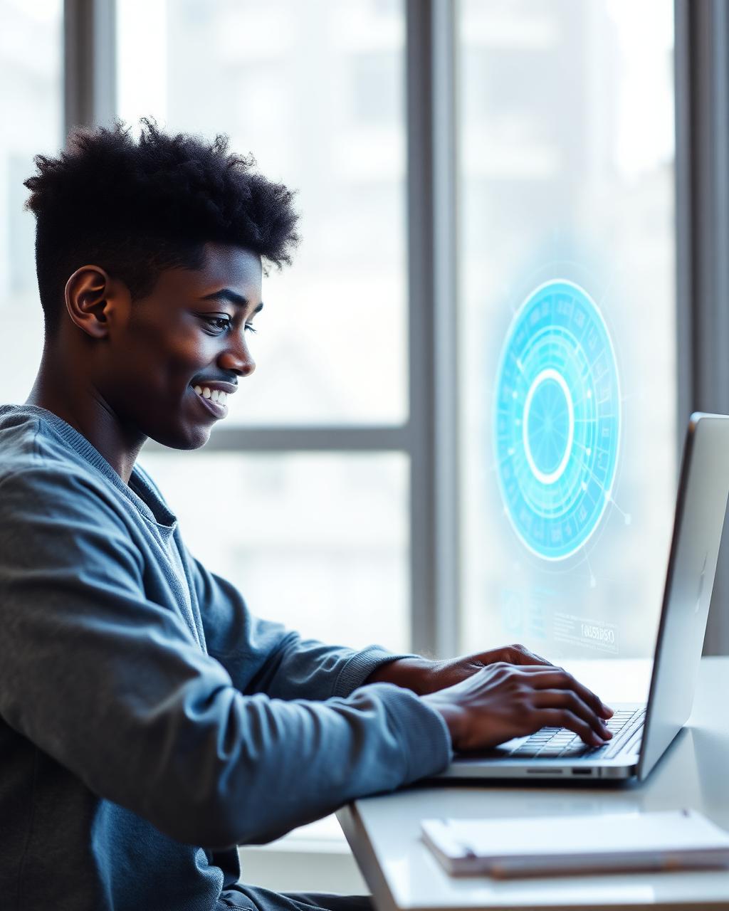 Young student studying with AI